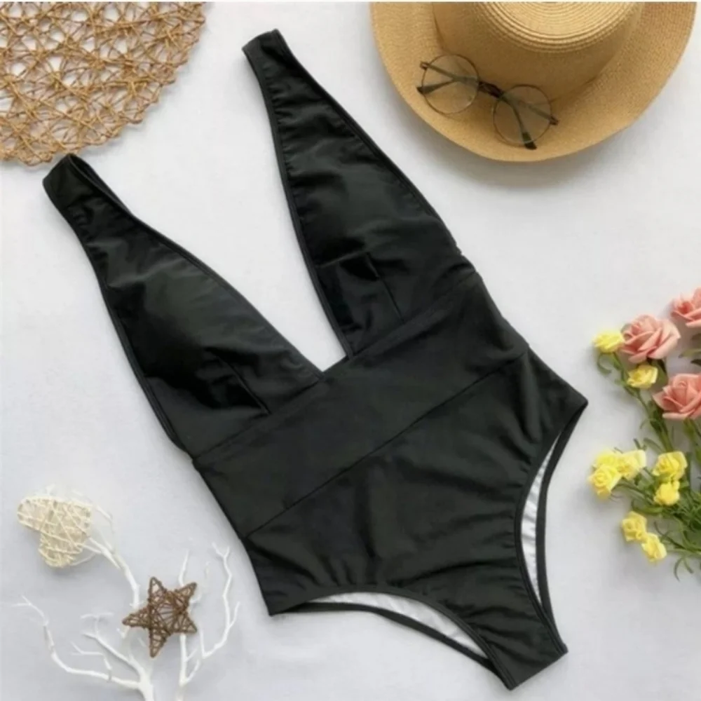 New Black V-neck low Back One Piece Swimsuit Size M